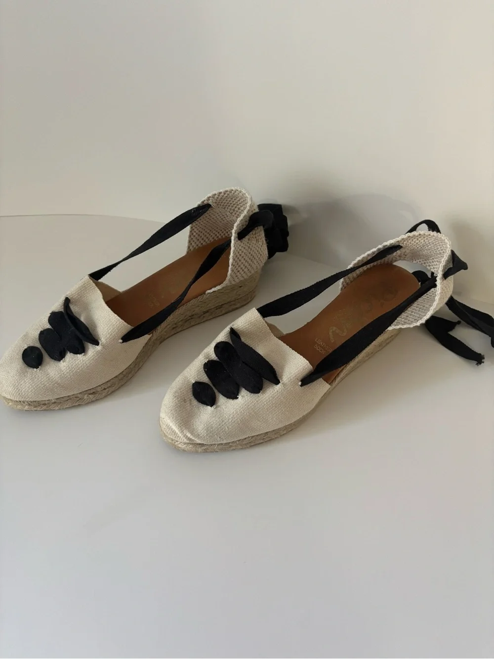 Picon Cream Espadrille Wedge Flats with Black Ribbon Detail